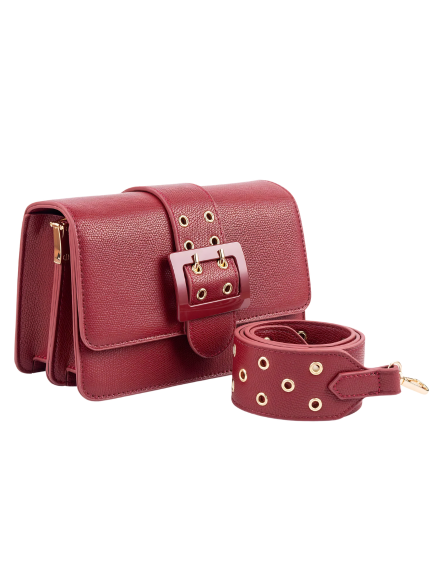 Women's Maroon Crossbody Bag with Buckle Strap & Gold Eyelets